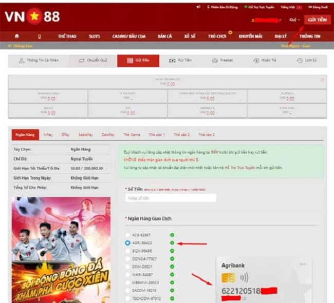 Hướng dẫn mẹo gửi tiền nhanh tại Vn88