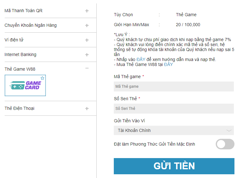 Gui tien W88 qua the game